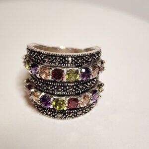 Vintage Silver Multi-gemstone Marcasite Ring